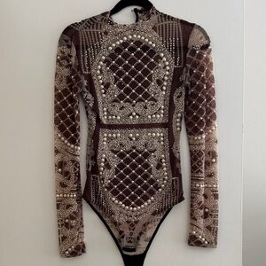 Balmain Inspired Embellished Pearl Lattice Long Sleeve Bodysuit